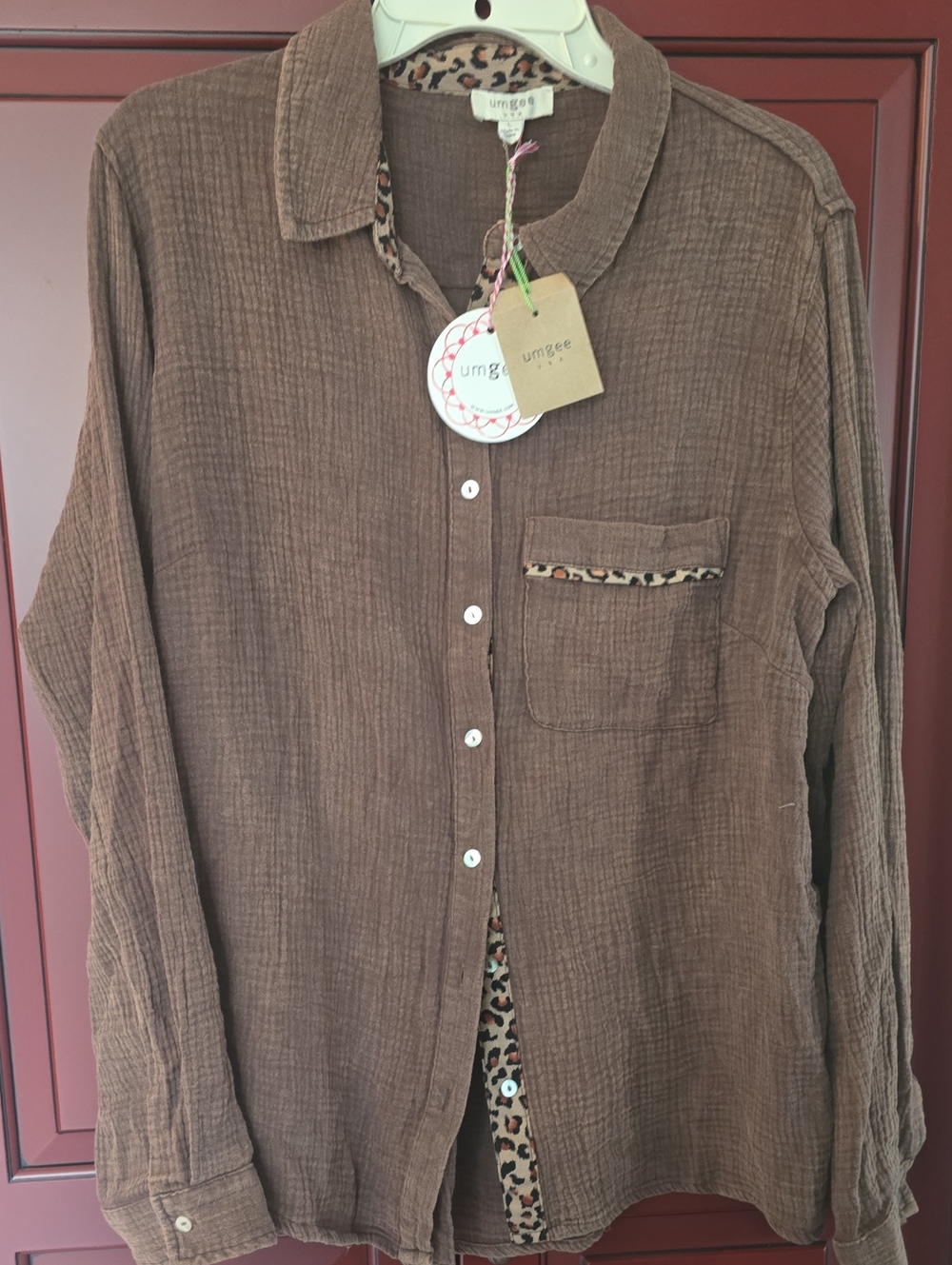 Umgee Brown Long-Sleeve Button-Down Shirt with Leopard Trim